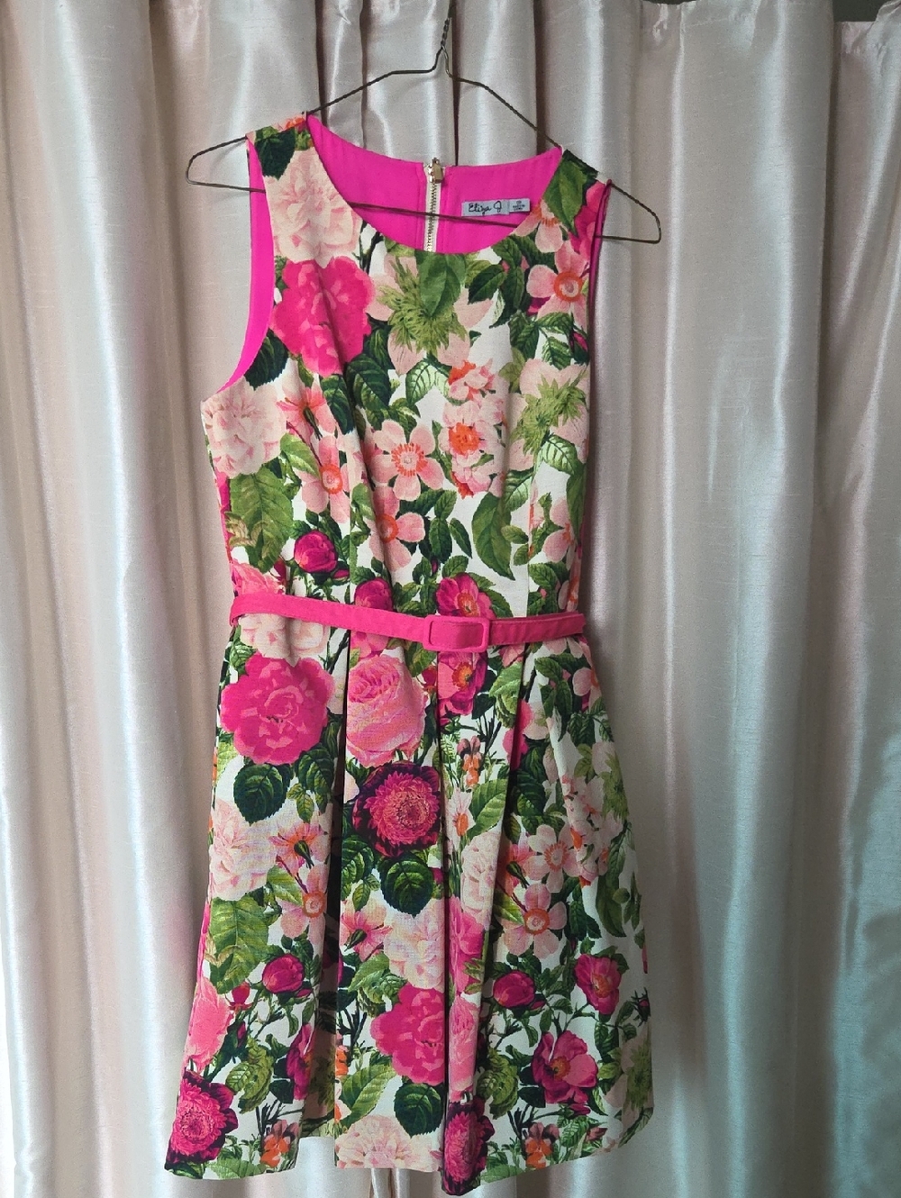 Eliza J Bright Pink & Green Floral Belted Dress